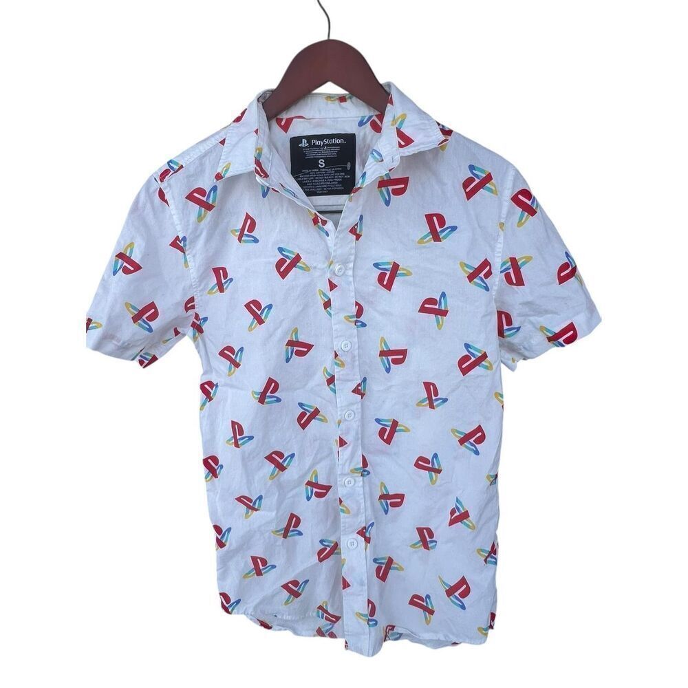 Sony PlayStation Small White Logo Short Sleeve Button Up Shirt Gamer casual
